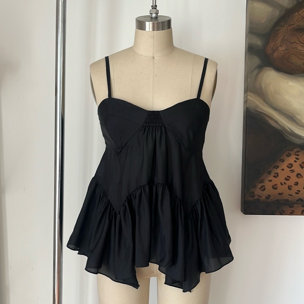 100% Silk Black Ruffle Tank